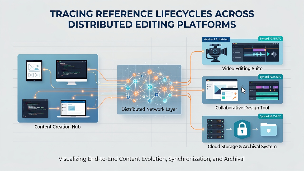 Flowchart showing reference lifecycle stages from creation to archival across distributed nodes